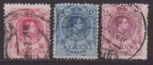 Spanien, Mi-Nr. 238, 239 + 240 gest., König Alfons XIII.