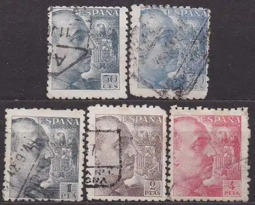 Spanien, Mi-Nr. 849 A, 851 A, 852 A, 854 A + 855 A gest., General Franco