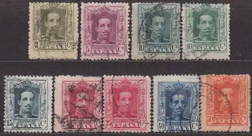 Spanien, Mi-Nr. 281, 282 A, 286 Ab, 286 Ac, 287 A, 289 A I, 289 A II, 292 A + 293 A gest., König Alfons XIII.