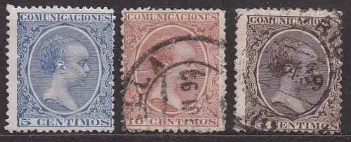 Spanien, Mi-Nr. 190 (*), 191 + 192 gest., König Alfons XIII.