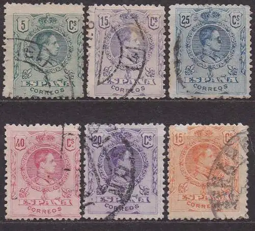 Spanien, Mi-Nr. 232, 234, 236, 238, 245 + 247 a gest., König Alfons XIII.