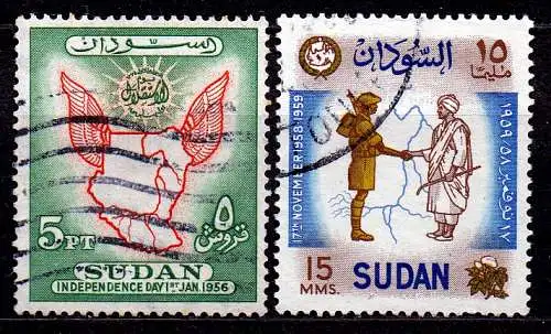 Sudan, Mi-Nr. 153 + 157 gest., Unabhängigkeit + Jahrestag des Militärputsches