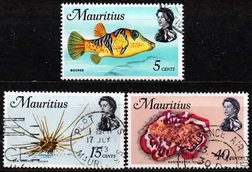 Mauritius, Mi-Nr. 334 X, 336 X + 341 X gest., Meerestiere
