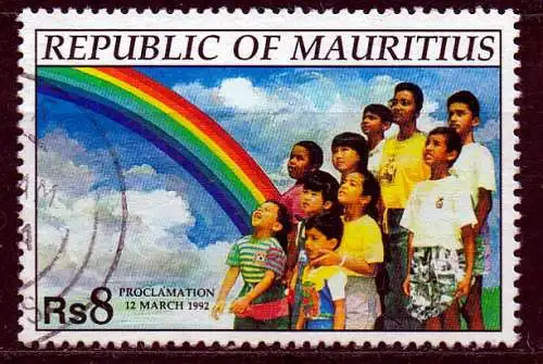 Mauritius, Mi-Nr. 740 gest., Proklamation der Republik: Kinder + Regenbogen