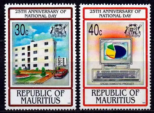Mauritius, Mi-Nr. 755 +756 **, 25 Jahre Nationalfeiertag