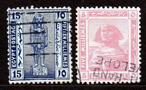 Ägypten - Britischer Schutzstaat, Mi-Nr. 61 + 67 gest., Pharao-Ramses-Statue aus Luxor-Tempel + Sphinx in Giseh