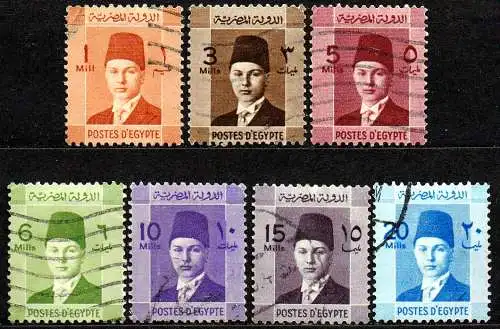Ägypten - Königreich, Mi-Nr. 223, 225, 227, 228, 229, 231 + 232 gest., König Faruk