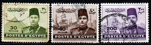 Ägypten - Königreich, Mi-Nr. 253, 254 + 257 gest., König Faruk vor Bauwerken