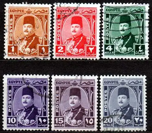 Ägypten - Königreich, Mi-Nr. 258, 269, 271, 273, 274 +276 gest., König Faruk