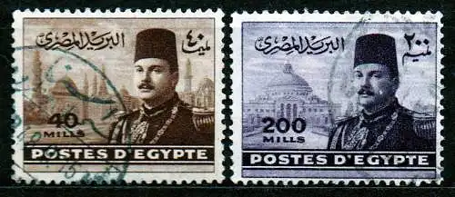 Ägypten - Königreich, Mi-Nr. 320 + 323 gest., König Faruk vor Bauwerken