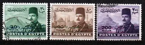 Ägypten - Königreich, Mi-Nr. 367 b, 368 + 371 gest., König Faruk vor Bauwerken