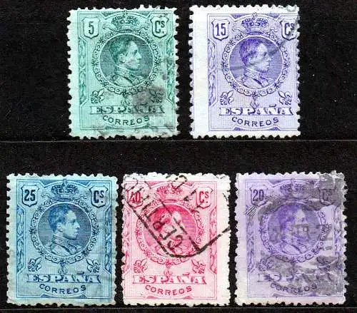Spanien, Mi-Nr. 232, 234, 236, 238 + 245 gest., König Alfons XIII.