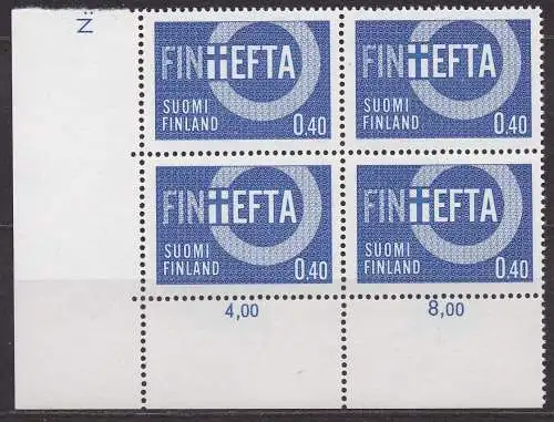 Finnland, Mi-Nr. 619 **, 4´er-Block Eckrand UL, Mitglied der EFTA