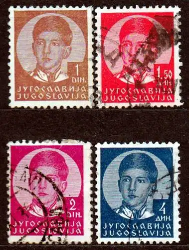 Jugoslawien, Mi-Nr. 303, 304, 306 + 310 gest., König Peter II.