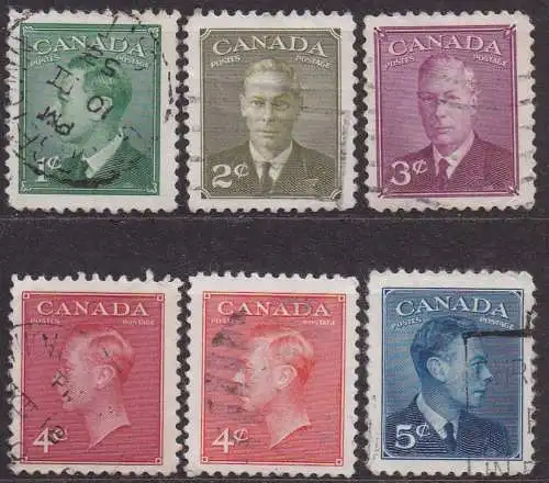 Kanada, Mi-Nr. 250 A, 252 A, 253 A, 254 A  255 A + A 255 gest., König Georg VI.