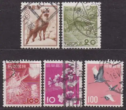 Japan, Mi-Nr. 588, 589, 592, 758 + 764 gest., DS Pflanzen, Tiere, nationales Kulturerbe