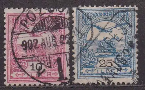 Ungarn, Mi-Nr. 60 A + 62 A gest., Turul überfliegt Stephanskrone