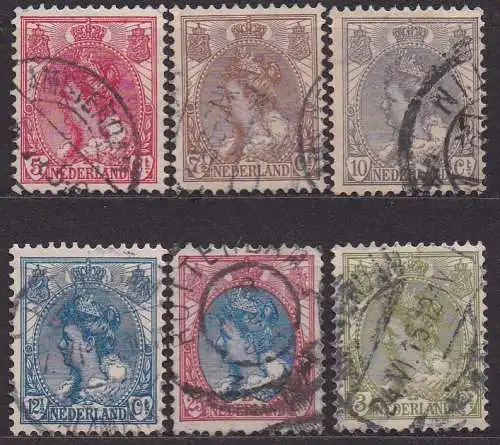 Niederlande, Mi-Nr. 54, 55, 56, 57, 61 + 67 gest., Königin Wilhelmina