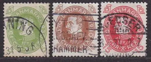 Dänemark, Mi-Nr. 185, 188 + 189 gest., 60. Geburtstag von König Christian X.