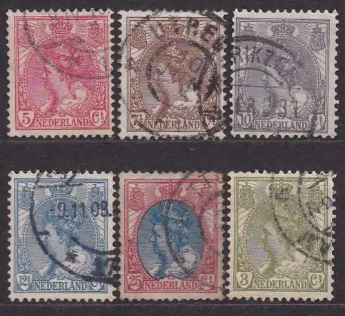 Niederlande, Mi-Nr. 54, 55, 56, 57, 61 + 67 gest., Königin Wilhelmina