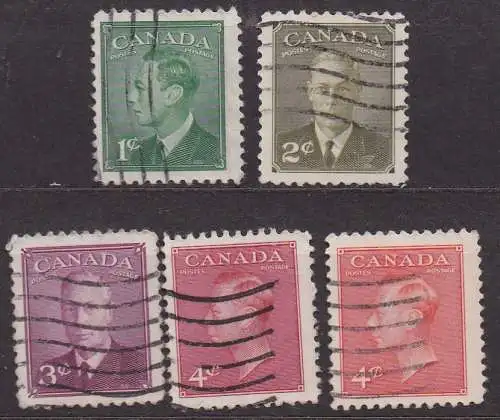 Kanada, Mi-Nr. 250 A, 252 A, 253 A, 254 A + 255 A gest., König Georg VI.