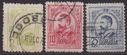 Rumänien, Mi-Nr. 212, 213 + 215 gest., König Karl I.