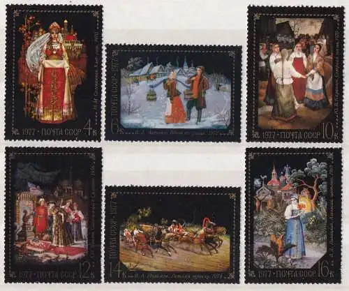 Sowjetunion, Mi-Nr. 4581 - 4586 **, kompl., Miniaturmalerei aus Fedoskino