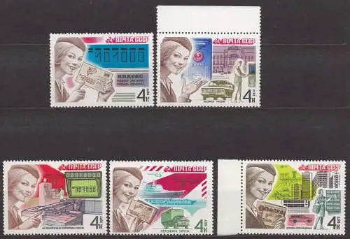 Sowjetunion, Mi-Nr. 4671 - 4675 **, kompl., Postwesen in der UdSSR