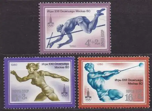 Sowjetunion, Mi-Nr. 4932, 4933 + 4935 **, Olympische Sommerspiele 1980 Moskau: Leichtathletik