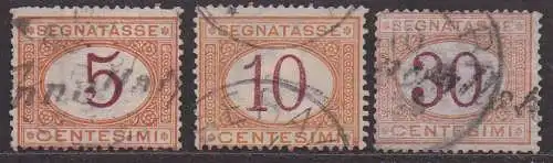 Italien, Portomarken Mi-Nr. 5, 6 + 7 gest., Ziffernzeichnung