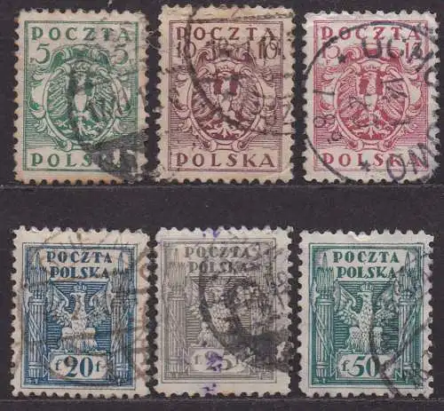 Polen, Mi-Nr. 102, 103, 104, 105, 106 + 108 gest., Polnischer Adler