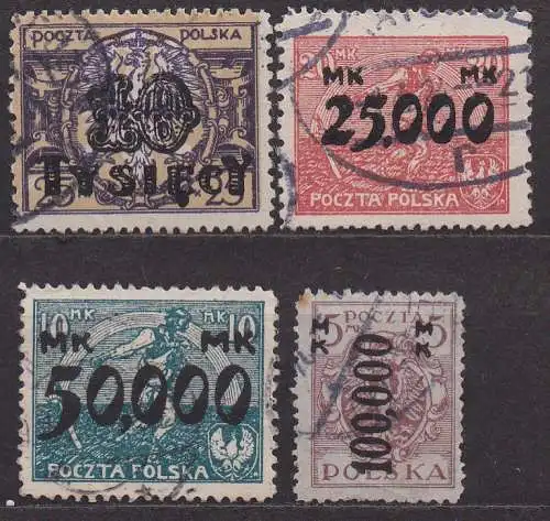 Polen, Mi-Nr. 185, 187, 188 + 190 gest., Freimarken