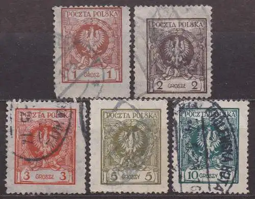 Polen, Mi-Nr. 201, 202, 203, 204 + 205 gest., Wappenadler im Lorbeerkranz