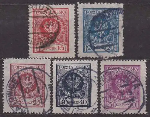 Polen, Mi-Nr. 206, 207, 208, 210 + 211 gest., Wappenadler im Lorbeerkranz