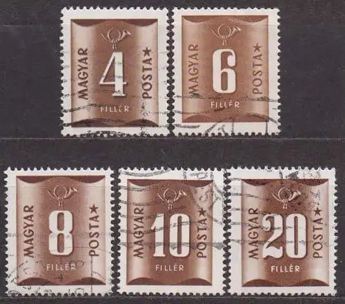 Ungarn, Portomarke Mi-Nr. 191, 192, 193, 194 + 196 gest., Ziffer und Posthorn