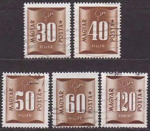 Ungarn, Portomarke Mi-Nr. 197, 198, 199, 200 + 201 gest., Ziffer und Posthorn