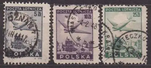 Polen, Mi-Nr. 428, 429 + 432 gest., Flugzeug über Warschau