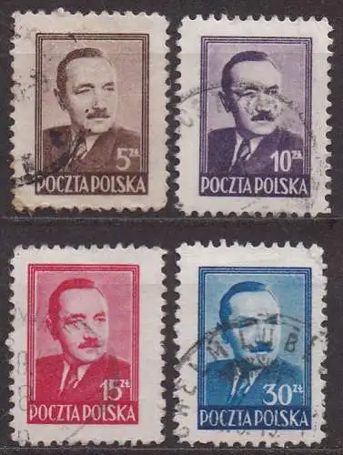 Polen, Mi-Nr. 520, 522, 523 + 525 gest., Staatspräsident Boleslaw Bierut