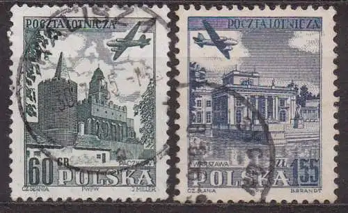 Polen, Mi-Nr. 855 + 859 gest., Flugzeug über Baudenkmälern