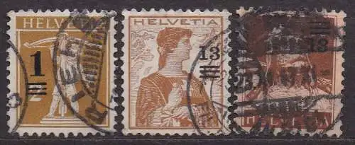 Schweiz, Mi-Nr. 124 - 126 gest., kompl., Freimarken mit neuem Wertaufdruck