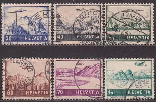 Schweiz, Mi-Nr. 387, 388, 389, 390, 391 + 392 gest., Flugzeug über Landschaften