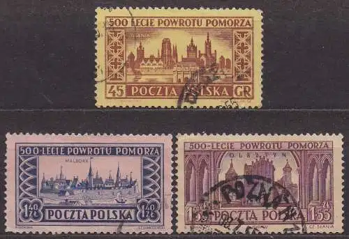 Polen, Mi-Nr. 873, 875 + 876 gest., Stadtansichten von Danzig, Marienburg + Allenstein
