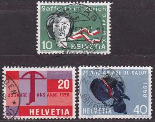 Schweiz, Mi-Nr. 654, 655 + 656 gest., Jahresereignisse 1958