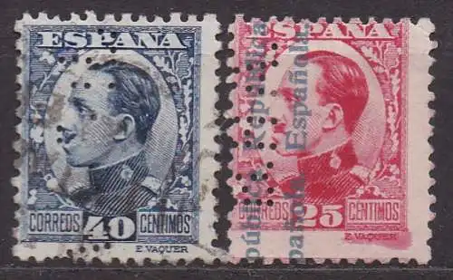 Spanien, Mi-Nr. 569 + 576 gest., Perfin (Firmenlochung), König Alfons XIII.
