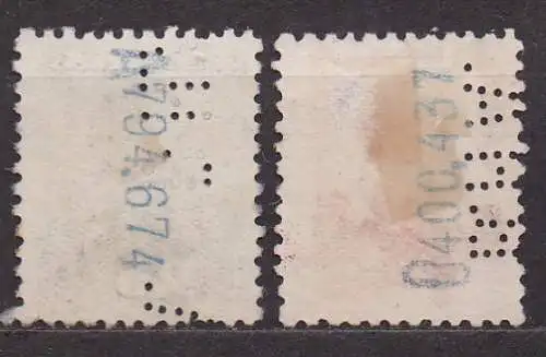 Spanien, Mi-Nr. 569 + 576 gest., Perfin (Firmenlochung), König Alfons XIII.