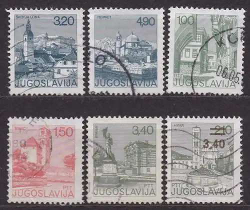 Jugoslawien, Mi-Nr. 1597, 1646, 1661, 1662, 1694 + 1738 gest., Sehenswürdigkeiten