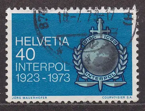 Schweiz, Mi-Nr. 990 gest., Jahresereignisse 1973 (I): 50 Jahre Interpol