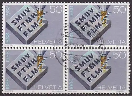 Schweiz, Mi-Nr. 1377 gest., 4´er-Block, Jahresereignisse 1988 (II): 100 Jahre Schweizer Metall- und Uhrenarbeitnehmer-Verband