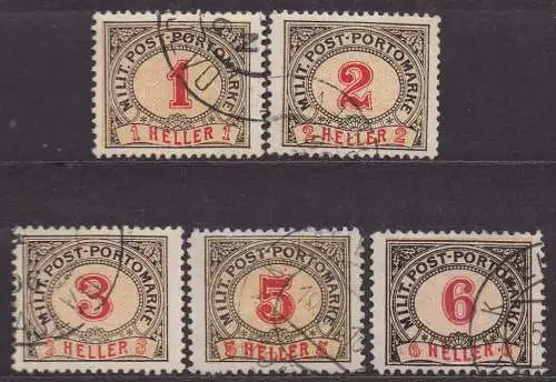 Österreich - Bosnien und Herzegowina, Portomarken Mi-Nr. 1, 2, 3, 5 + 6 gest., Ziffernzeichnung