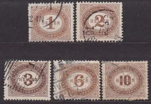 Österreich, Portomarken Mi-Nr. 22, 23, 24, 27 + 28 gest., Ziffernzeichnung